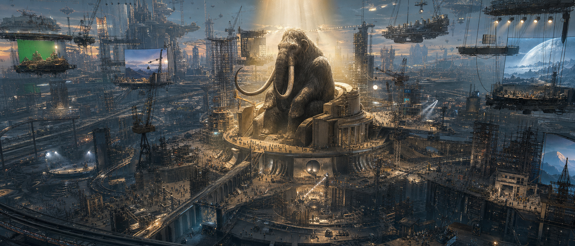 A monumental unfinished city of film sets, production infrastructure and cinematic worlds growing around a central mammoth